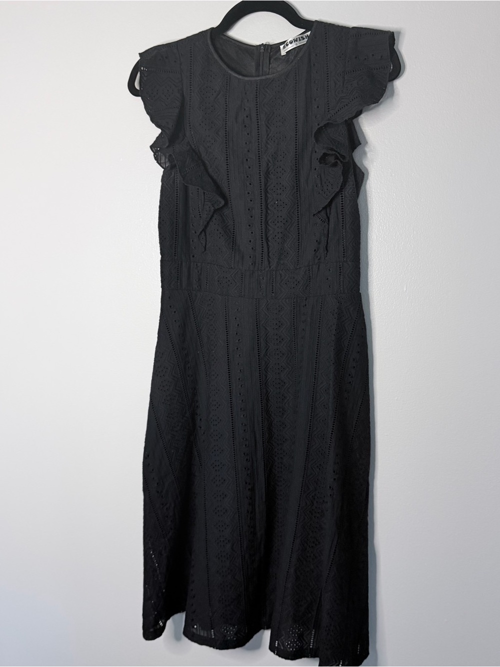 Ecowish Black Eyelet Midi Dress with Ruffle Cap Sleeves